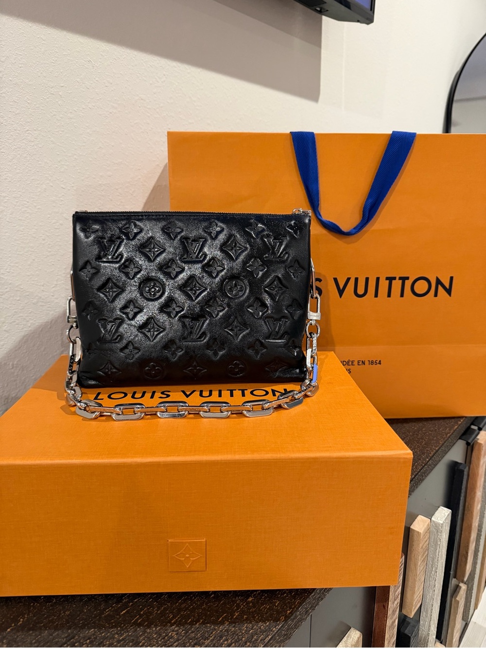 AUTHENTIC Louis Vuitton Black Embossed Monogram Chain Crossbody